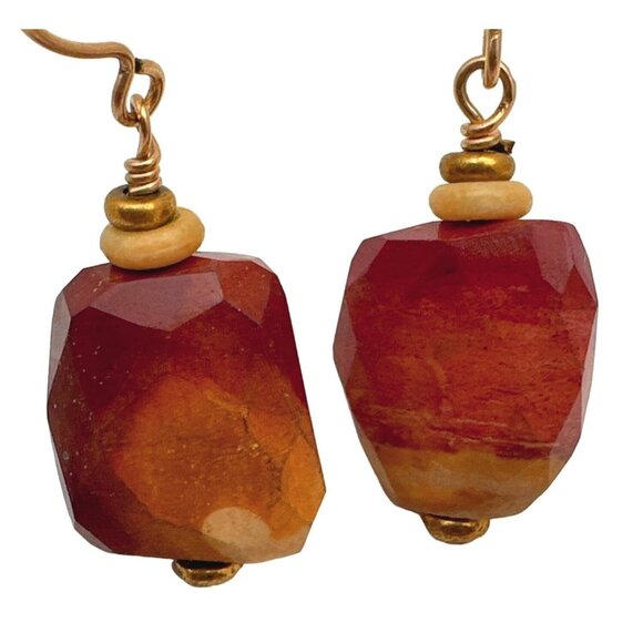 Earthy Faceted Jasper Stone Beaded Dangle Earrings Artisan Organically Rustic - Picture 4 of 5